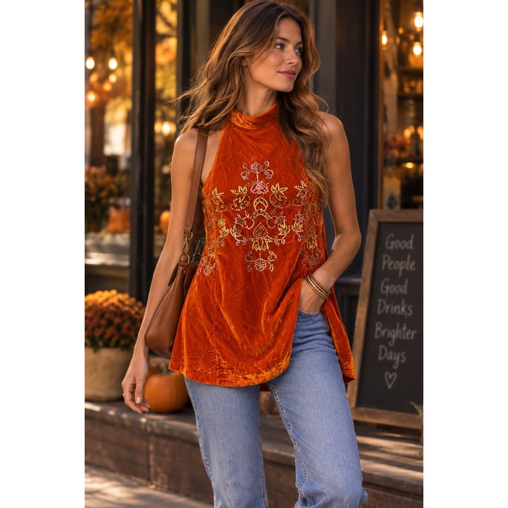 Free People Orange Velvet Sequin Halter Top Mock Neck Sleeveless Dress Womens M
